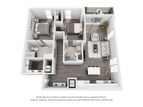 Floor plan for 2 beds, 2 baths, 1063 sqft